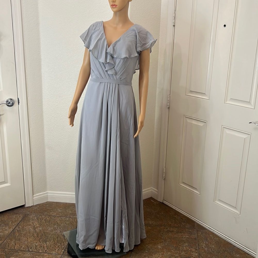 Miaodup Wedding Dress Size 8 V-Neck Ruffle Flutter Sleeve Dusty Blue Maxi New